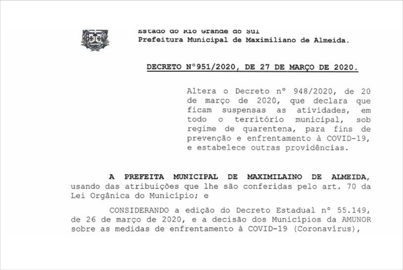 Dois novos Decretos que alteram atividades suspensas e atendimento em órgãos públicos de Maximiliano de Almeida