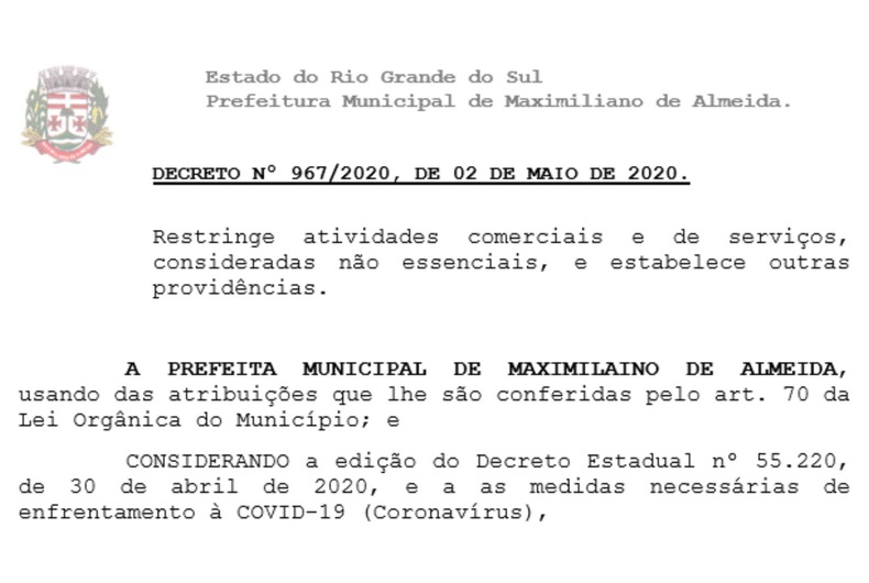 Decreto Municipal 967 que restringe atividades comerciais e de serviços, consideradas não essenciais em Conformidade ao decreto Estadual 55.220
