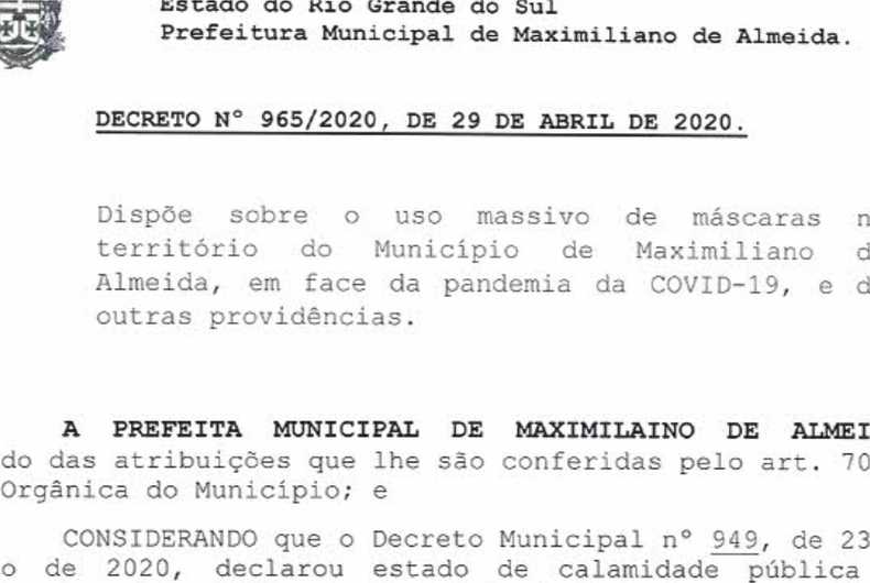 Decreto nº 965 Recomenda e determina o uso massivo de MÁSCARAS