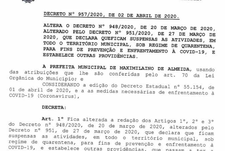 Decretos municipais 957 e 958 são emitidos para entrar em concordância com o Decreto estadual