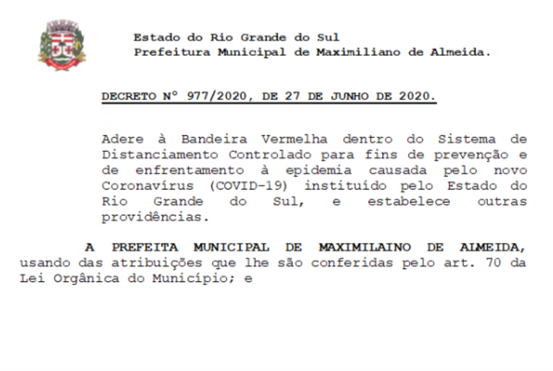 Decreto 977 Adere à Bandeira Vermelha dentro do Sistema de Distanciamento Controlado