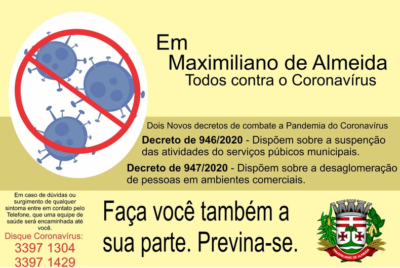 Decreto de suspensão dos serviços públicos e do funcionamento do comércio é publicado em Maximiliano de Almeida