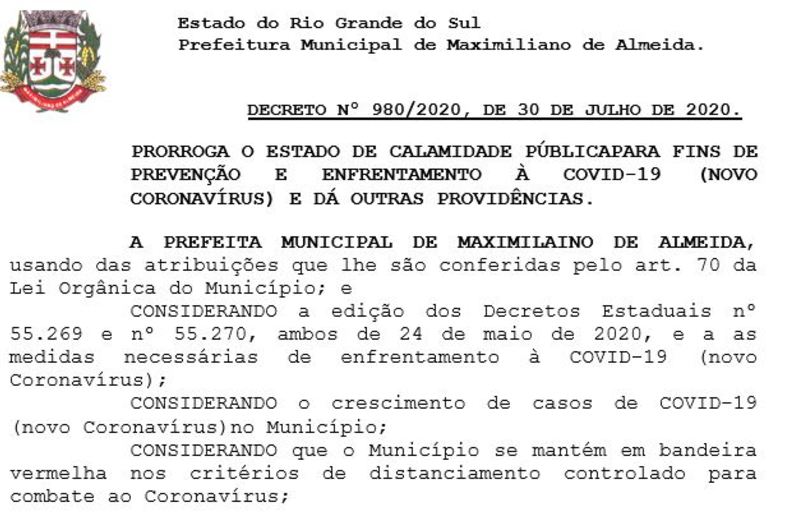 Decreto 980/2020 que prorroga o estado de calamidade pública para fins de prevenção e enfrentamento á COVID-19